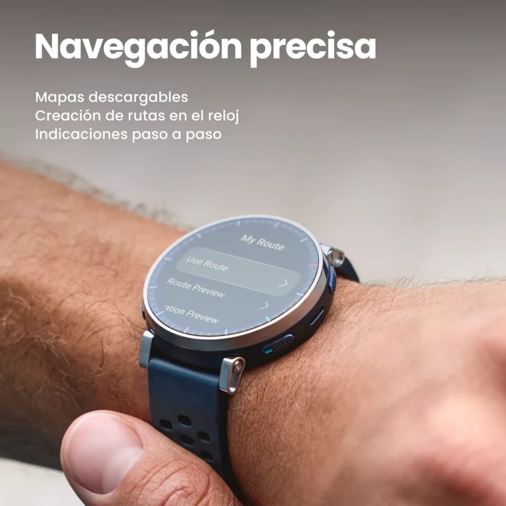 Amazfit Active 3 Premium Apex Silver con pantalla AMOLED 1.32 táctil, bisel metálico plateado, correa deportiva azul y GPS con rutas e indicaciones paso a
