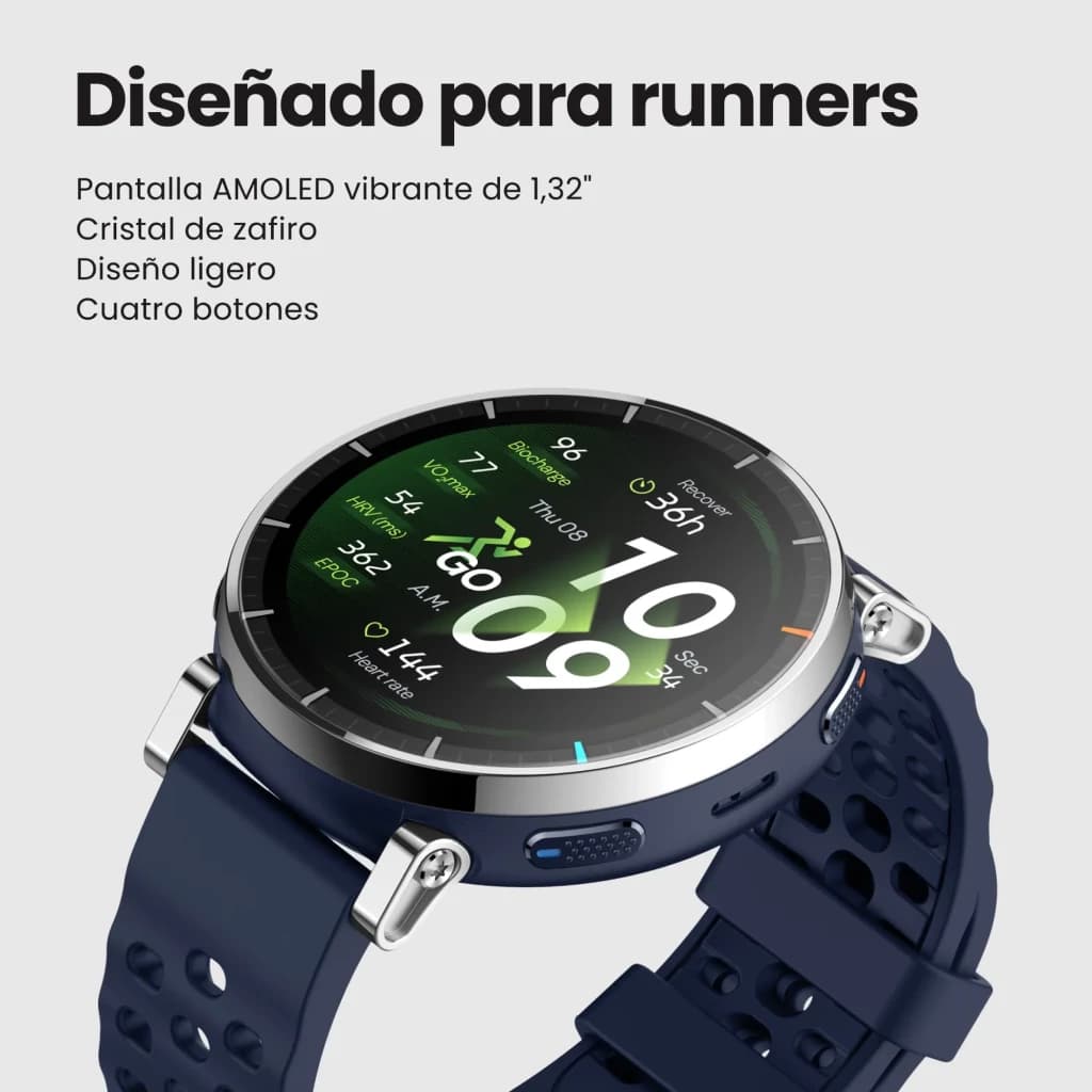 Amazfit Active 3 Premium Apex Silver con pantalla AMOLED 1.32, bisel plateado, cristal de zafiro, cuatro botones físicos y correa azul deportiva perforada