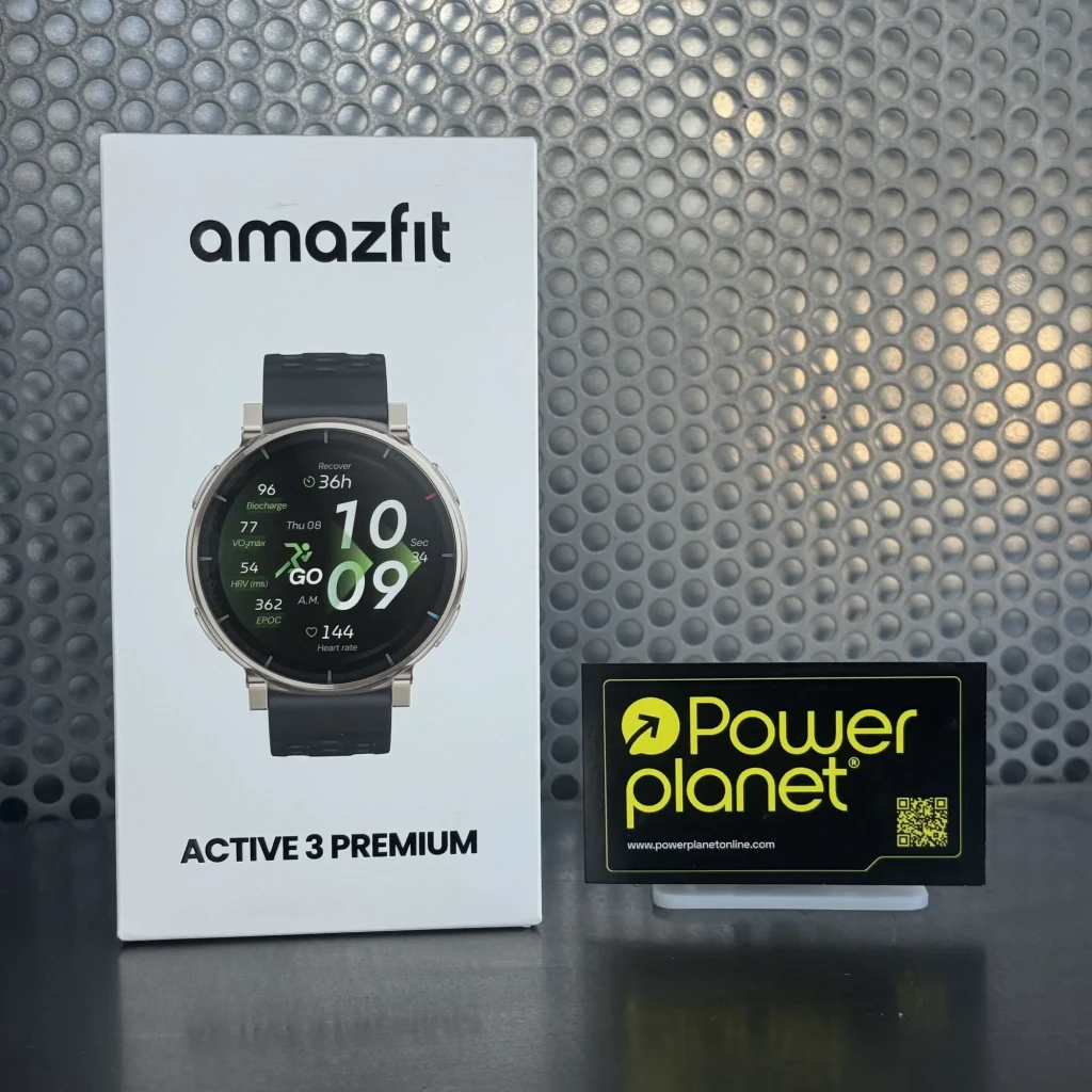 Amazfit Active 3 Premium 1,32 AMOLED com moldura prateada, botões laterais texturizados e pulseira preta vazada esportiva, mostrador digital verde e preto - Item1