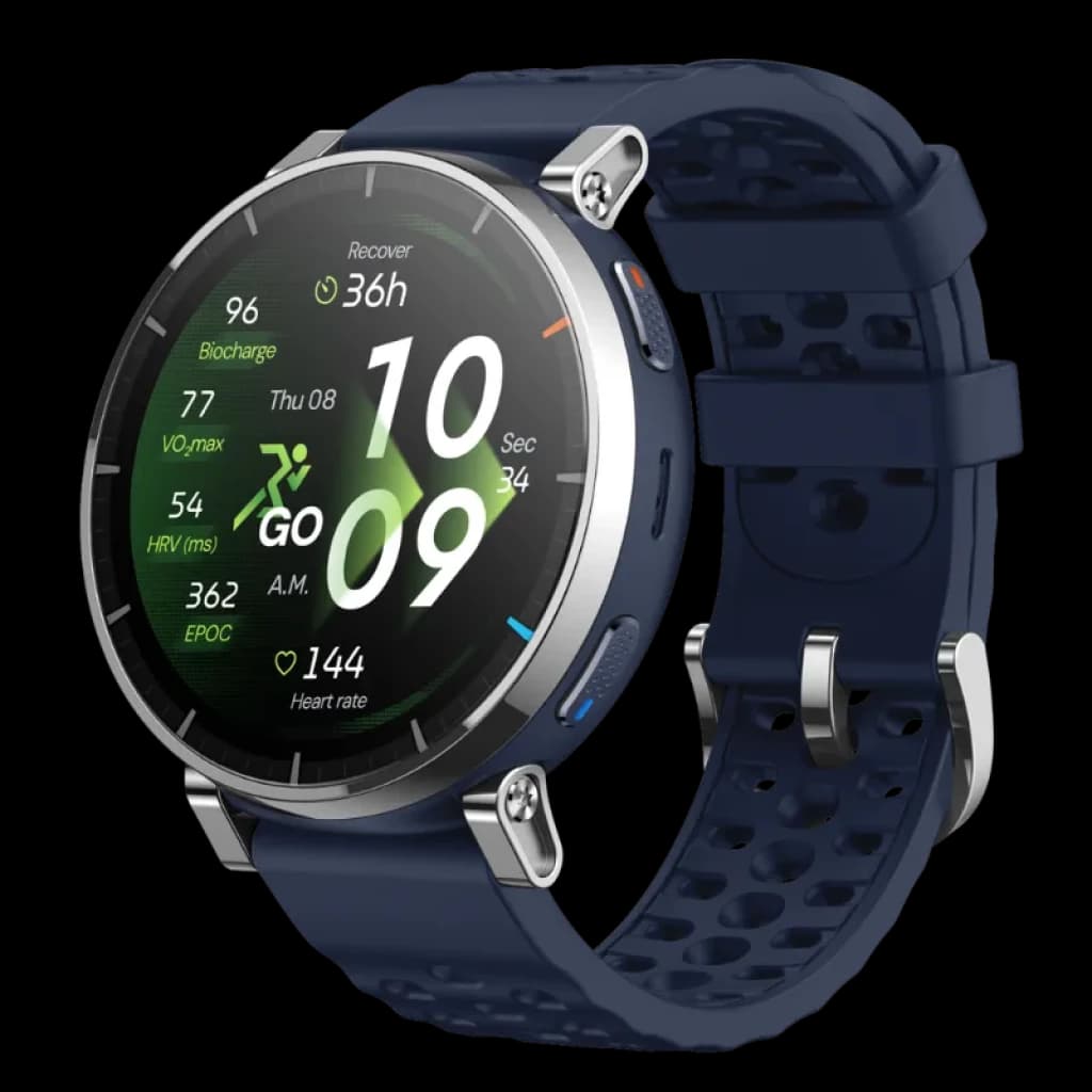 Amazfit Active 3 Premium 1.32 AMOLED táctil en color Atlas Blue perforada, bisel metálico, botones laterales y pantalla deportiva brillante