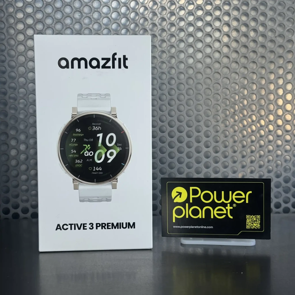 Amazfit Active 3 Premium Azul Atlas com caixa prateada, ecrã AMOLED 1,32 tátil, mostrador esportivo verde e pulseira azul perfurada com fecho metálico - Item1