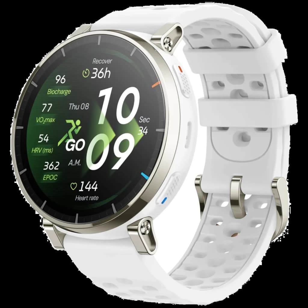 Amazfit Active 3 Premium en blanco aero con caja metálica, pantalla AMOLED 1.32 táctil, botones laterales, correa perforada y métricas deportivas en pantalla