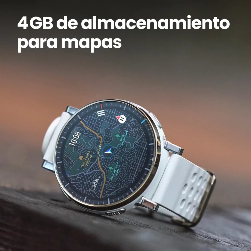 Smartwatch Amazfit Active 3 Premium blanco, pantalla AMOLED 1.32 táctil, bisel metálico, correa perforada, GPS integrado y 4GB para mapas