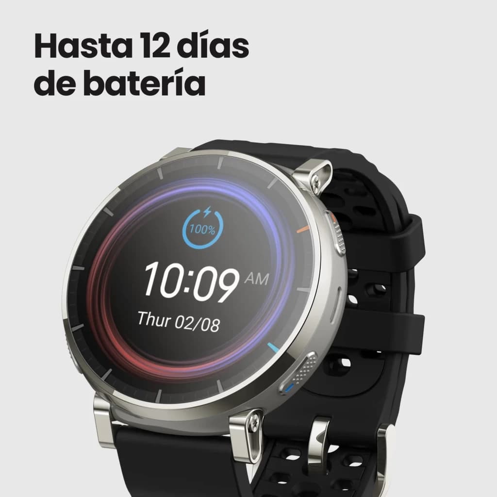 Amazfit Active 3 Premium 1.32 AMOLED táctil GPS en Aero White con bisel plateado y correa negra perforada; pantalla circular con indicador de batería 100%