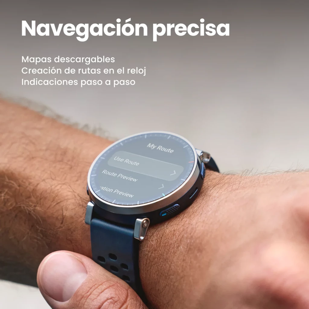 Amazfit Active 3 Premium en blanco aero con caja metálica, pantalla AMOLED 1.32 táctil, botones laterales, correa perforada y métricas deportivas en pantalla - Ítem4