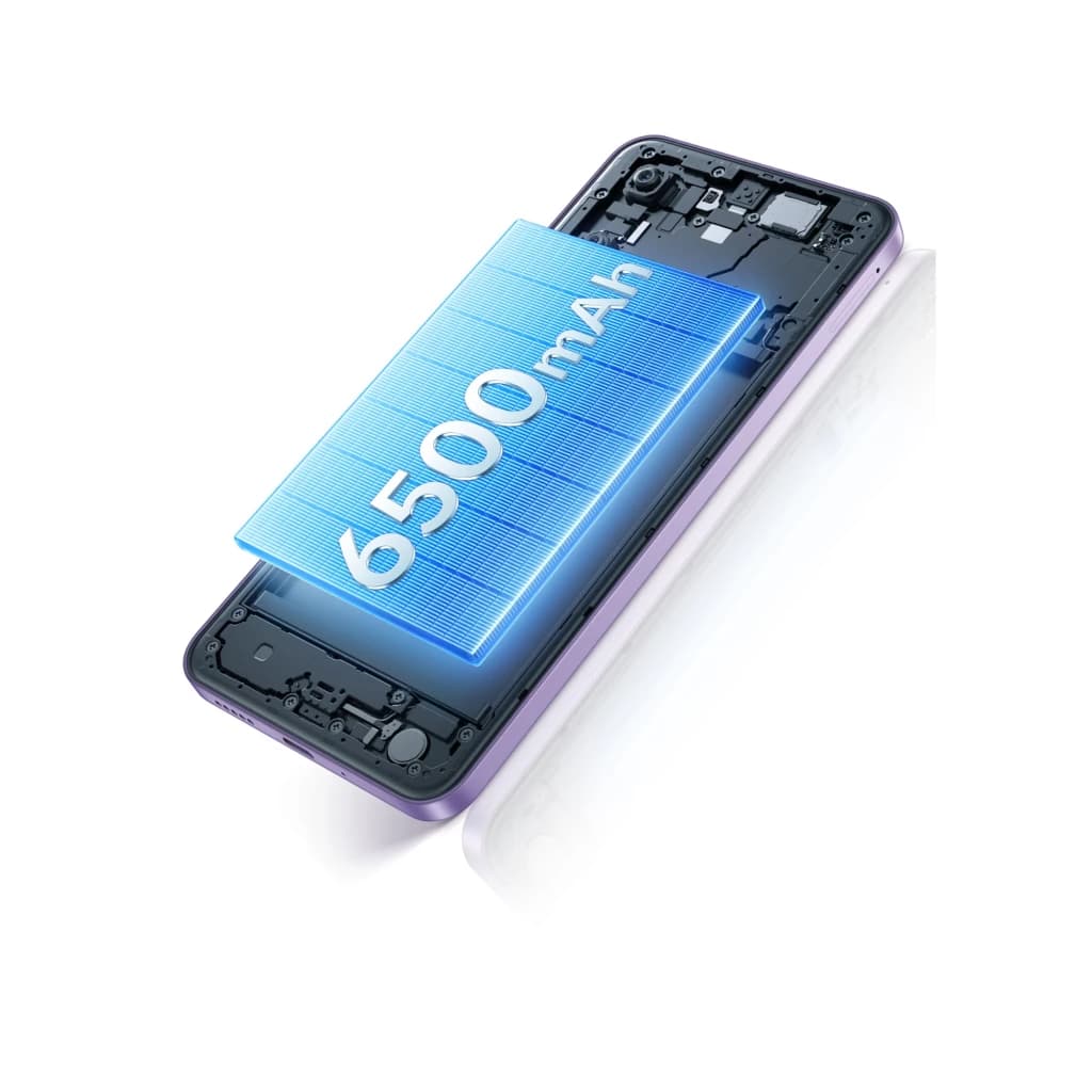 Vivo Y21D Noir Jade avec batterie interne 6500 mAh mise en avant, châssis ouvert visible et composants internes détaillés, accent sur la grande capacité