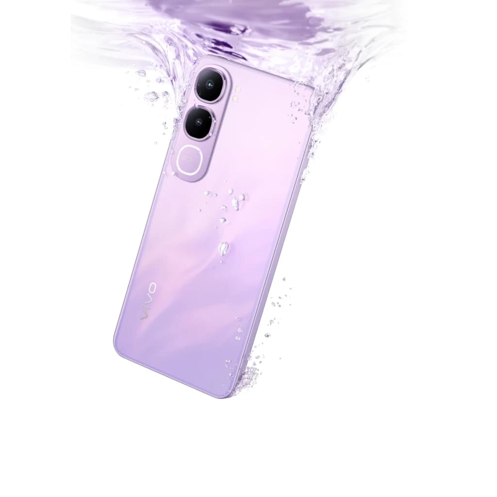 Smartphone Vivo Y21D 256 Go Noir Jade montré immergé partiellement, dos lavande brillant avec double module photo proéminent et finition élégante