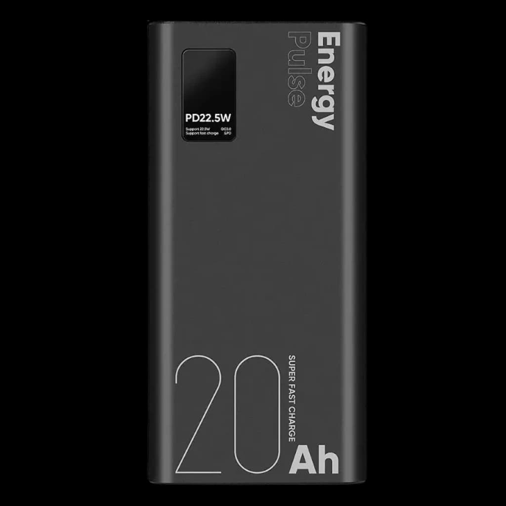 OBAL: ME EnergyPulse 20000mAh 22,5W, corpo fino, indicador PD 22,5W, letras «Energy Pulse» e «20Ah» em tamanho grande, acabamento mate elegante