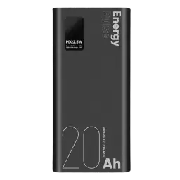 OBAL: ME EnergyPulse 20000mAh 22,5W, corpo fino, indicador PD 22,5W, letras «Energy Pulse» e «20Ah» em tamanho grande, acabamento mate elegante