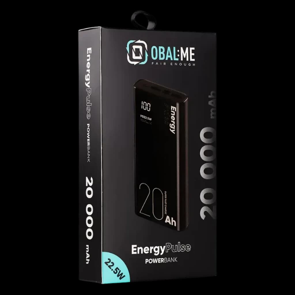 Powerbank OBAL: ME EnergyPulse 20000mAh 22,5W em caixa preta e turquesa, mostra o powerbank preto com ecrã LED e a marca Energy em destaque