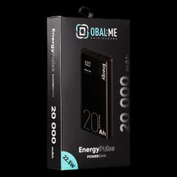 Powerbank OBAL: ME EnergyPulse 20000mAh 22,5W em caixa preta e turquesa, mostra o powerbank preto com ecrã LED e a marca Energy em destaque