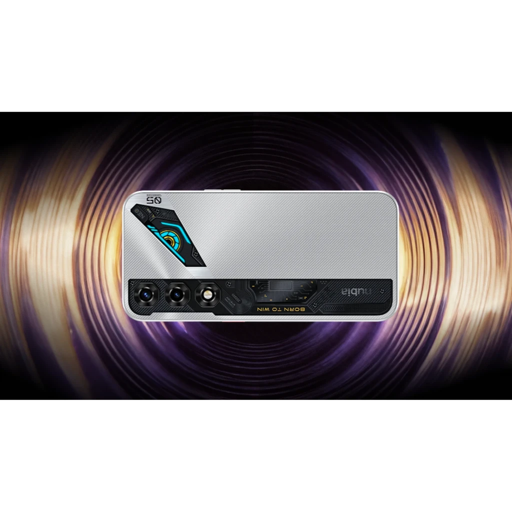 Nubia Neo 5 5G plata con pantalla perforada, triple cámara trasera vertical con detalles LED azules y acabado texturizado plateado estilo gaming - Ítem7