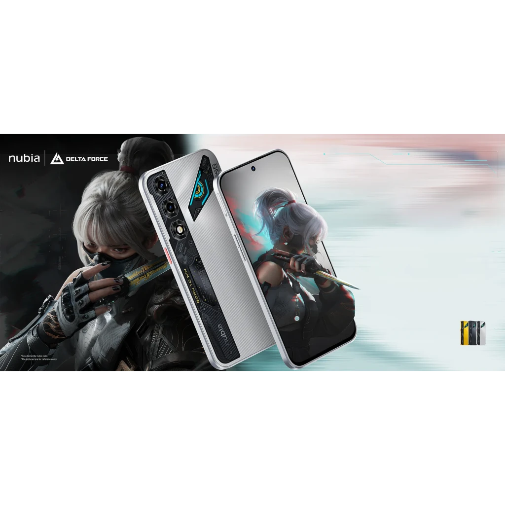 Nubia Neo 5 5G plata con pantalla perforada, triple cámara trasera vertical con detalles LED azules y acabado texturizado plateado estilo gaming - Ítem5