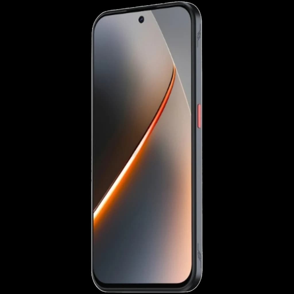 Nubia Neo 5 5G prata com tela sem bordas e furo central, laterais escuras e botão vermelho, design fino e moderno, destaque para faixa laranja na tela