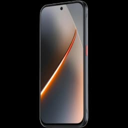 Nubia Neo 5 5G prata com tela sem bordas e furo central, laterais escuras e botão vermelho, design fino e moderno, destaque para faixa laranja na tela