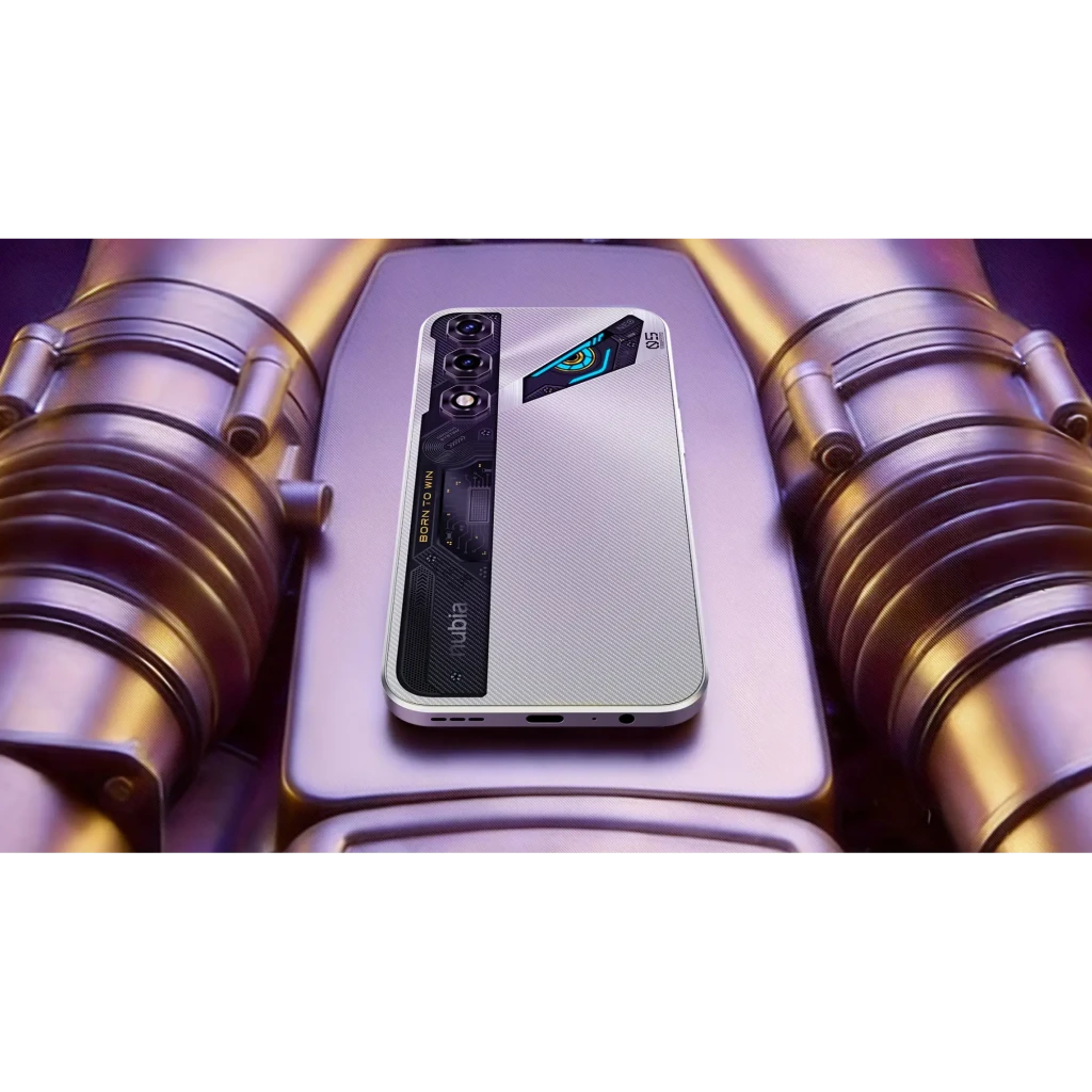 Nubia Neo 5 5G plata con pantalla perforada, triple cámara trasera vertical con detalles LED azules y acabado texturizado plateado estilo gaming - Ítem3