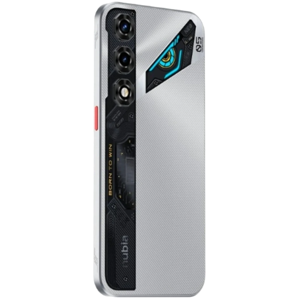 Nubia Neo 5 5G plata con pantalla perforada, triple cámara trasera vertical con detalles LED azules y acabado texturizado plateado estilo gaming - Ítem2