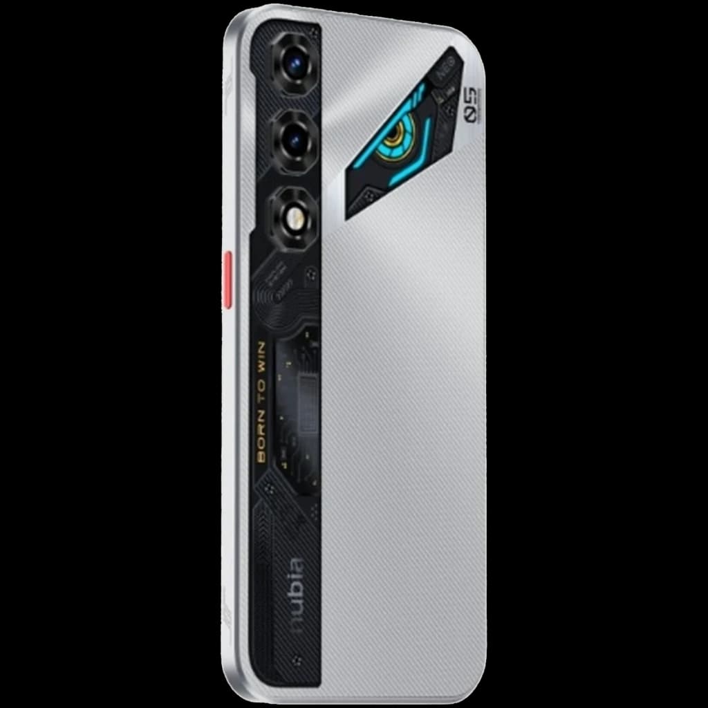 Nubia Neo 5 5G 128 GB Prata com traseira gamer prateada, módulo triplo de câmeras vertical, detalhes transparentes e acento azul em forma de V