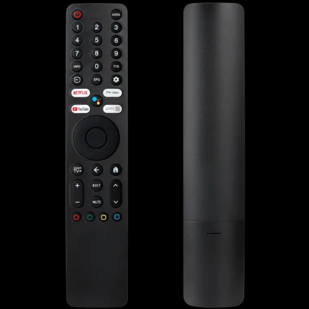 Comando original da Xiaomi Smart TV com Bluetooth e Google Assistant, corpo preto fosco, botões dedicados Netflix e YouTube, microfone integrado e design