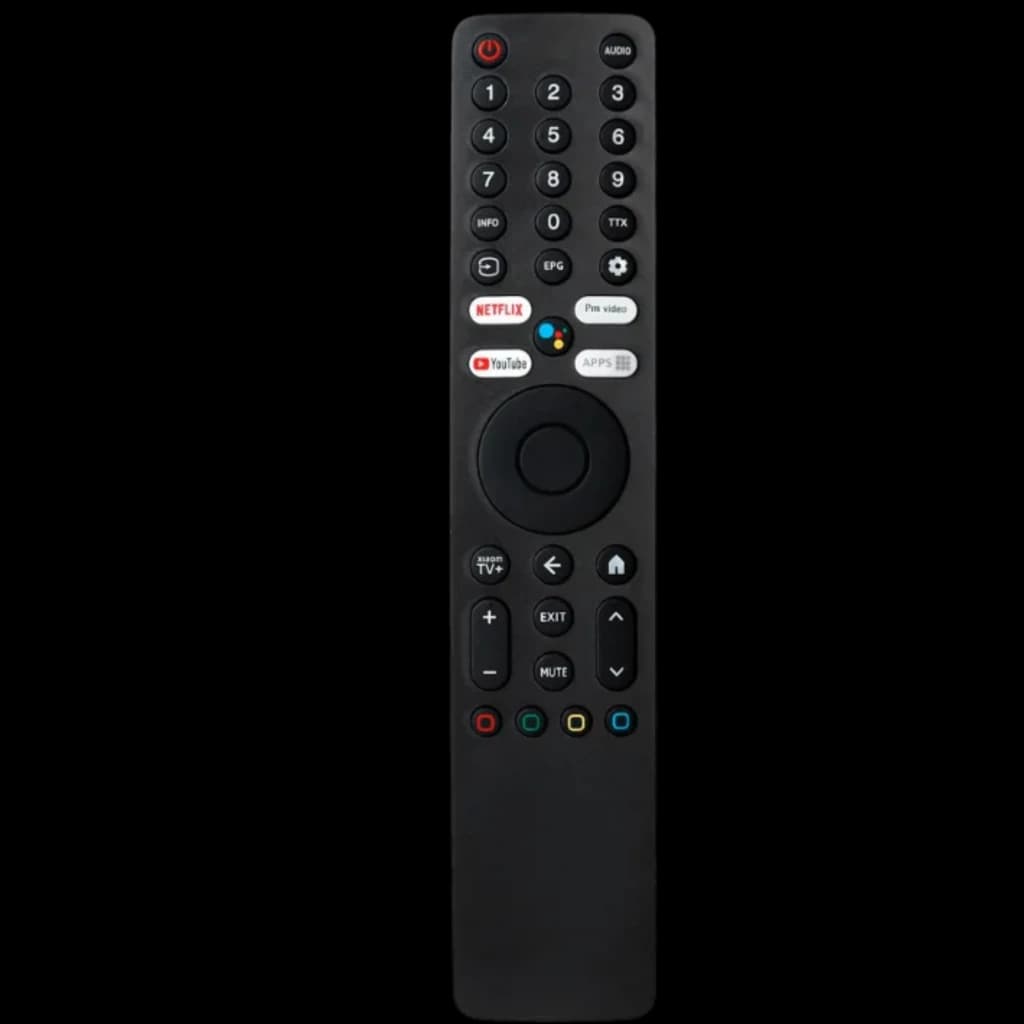 Comando original da Xiaomi Smart TV com Bluetooth e Google Assistant, corpo preto, teclas numéricas, atalhos Netflix e YouTube, botões de volume e