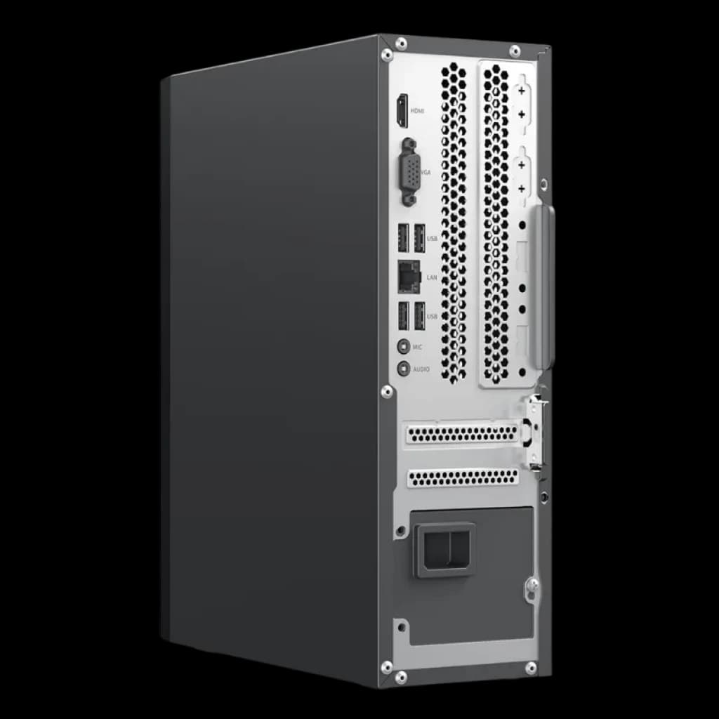 Arrière du mini PC Blackview NEX60 avec panneau argenté, multiples ports USB, HDMI, RJ45, audio, ventilation perforée et poignée latérale robuste