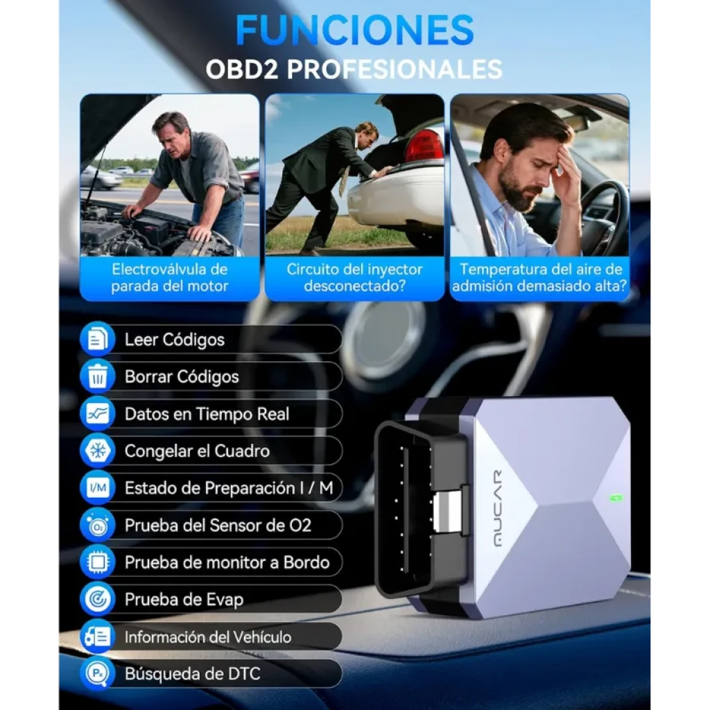 Mucar BT200 Max, compacto com caixa cinzenta metalizada facetada, porta OBD preta e luz LED azul indicadora na parte frontal - Item1