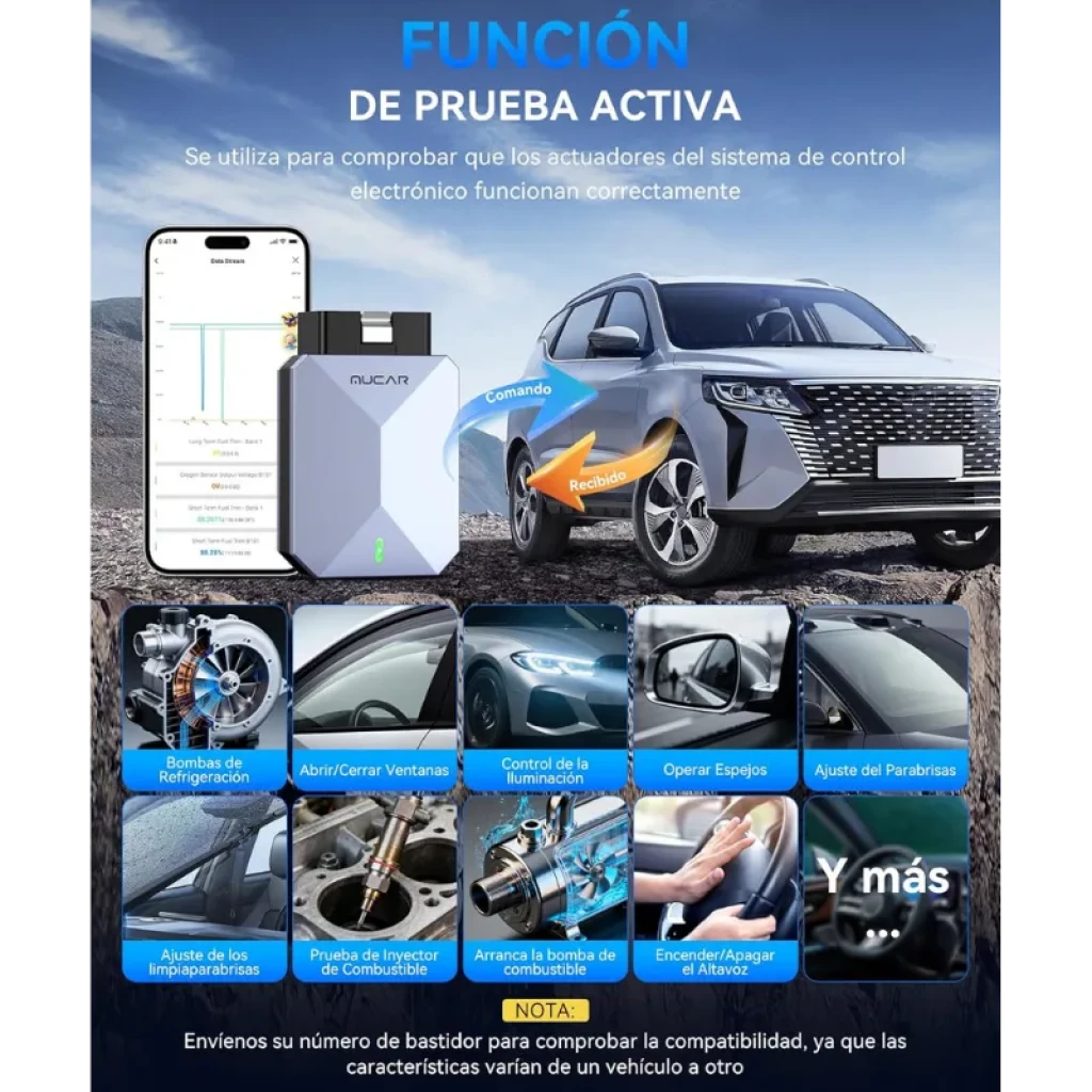 Mucar BT200 Max, compacto com caixa cinzenta metalizada facetada, porta OBD preta e luz LED azul indicadora na parte frontal - Item2