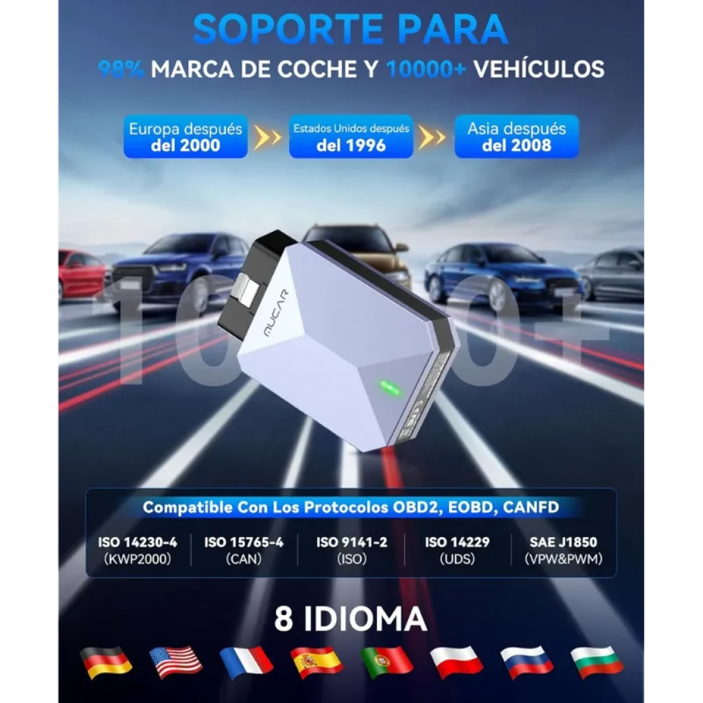 Mucar BT200 Max, compacto com caixa cinzenta metalizada facetada, porta OBD preta e luz LED azul indicadora na parte frontal - Item6