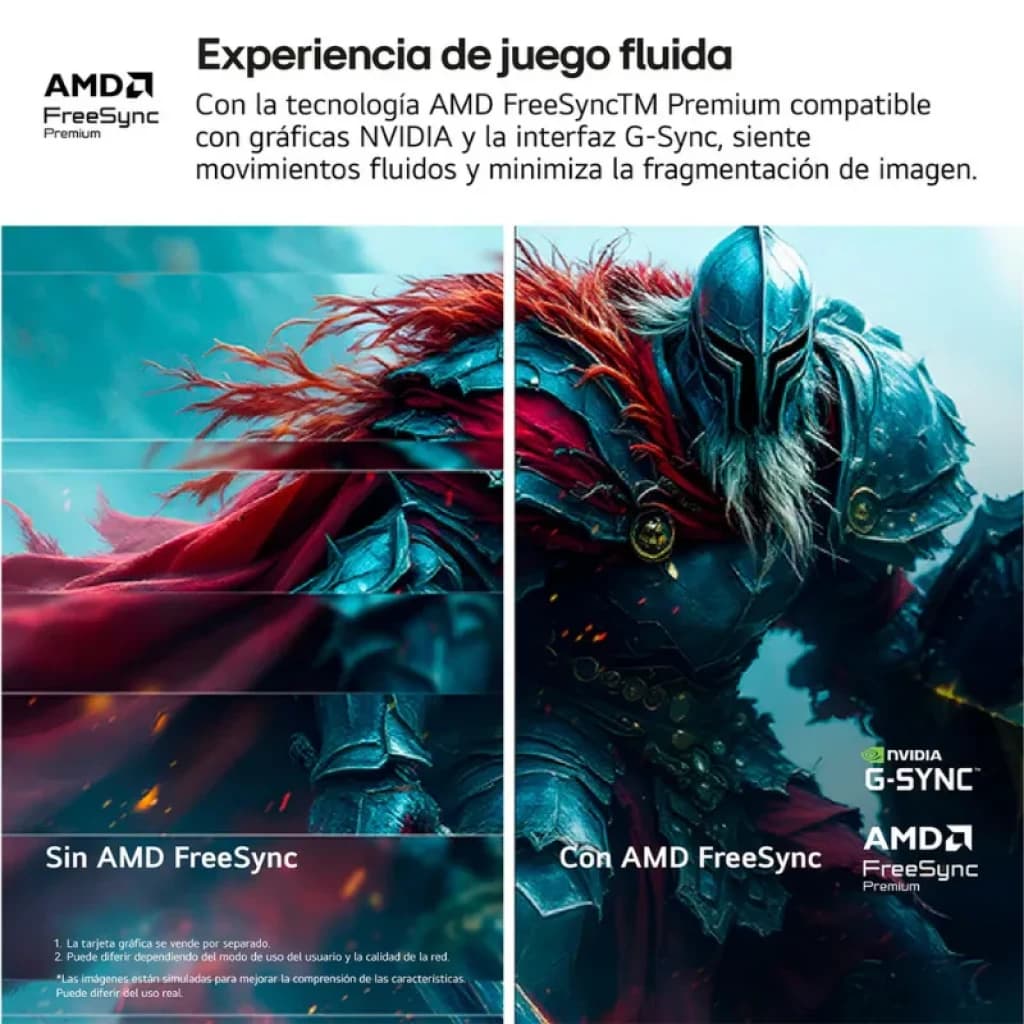 Graphique comparatif sur le moniteur gaming incurvé LG 34G600A-B 34 pouces UWQHD : partie gauche sans AMD FreeSync avec effet de déchirement, partie droite avec FreeSync, fluide et net