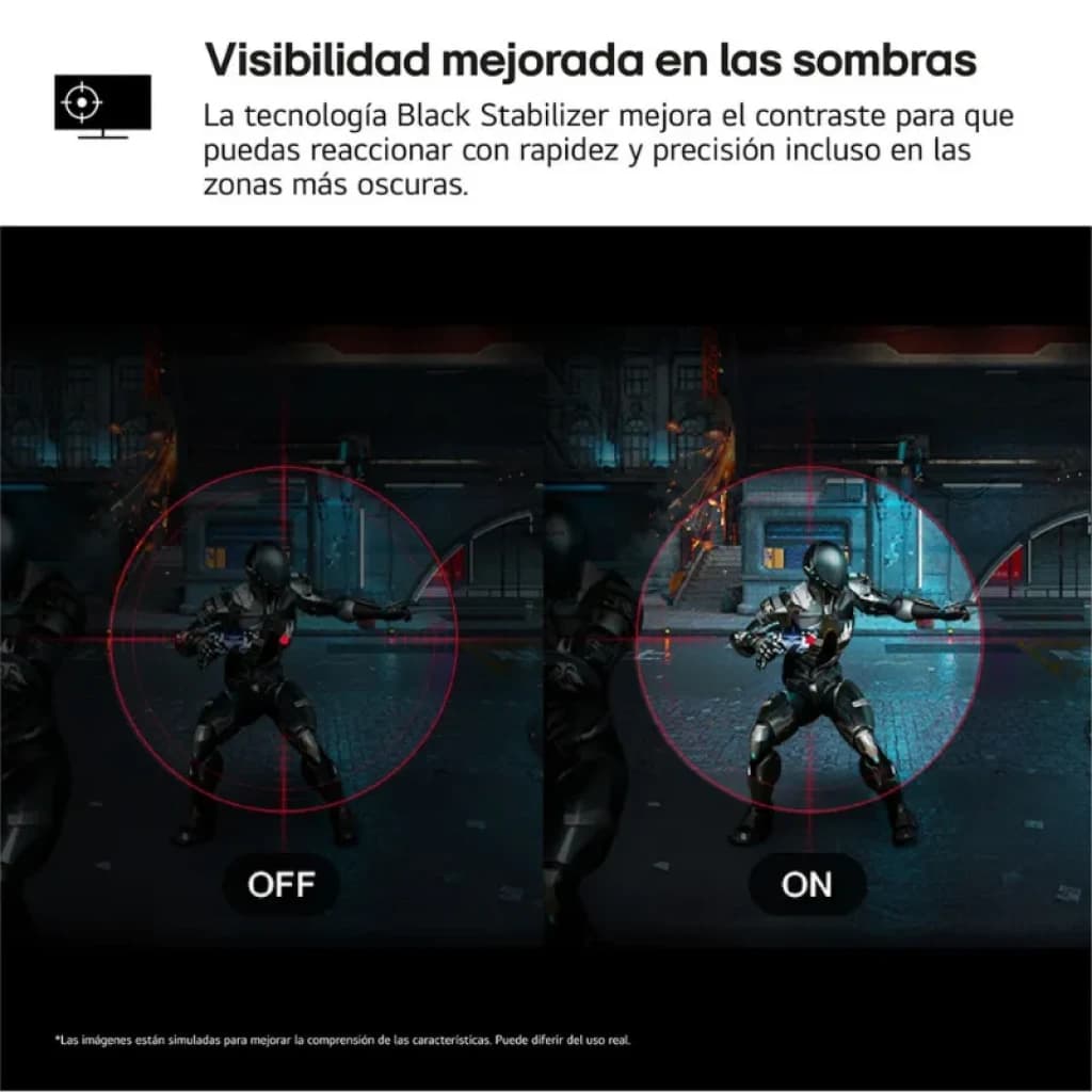 Comparaison LG 34G600A-B : Black Stabilizer activé vs désactivé, mettant en évidence un niveau de détail supérieur dans les zones sombres