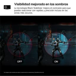 Comparaison LG 34G600A-B : Black Stabilizer activé vs désactivé, mettant en évidence un niveau de détail supérieur dans les zones sombres