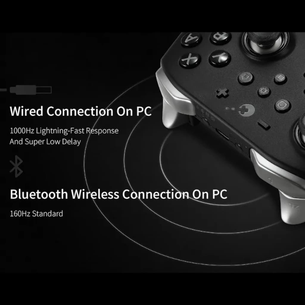 GuliKit KingKong 2 T gamepad preto com pegadas prateadas, botões ABXY destacados, sticks duplos, D-pad e conectividade USB e Bluetooth para PC e Switch