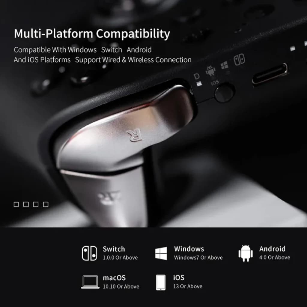 GuliKit KingKong 2 T gamepad com gatilho metálico R, botões pretos, indicador LED e conexão com fio e sem fio para PC, Switch, Android e iOS