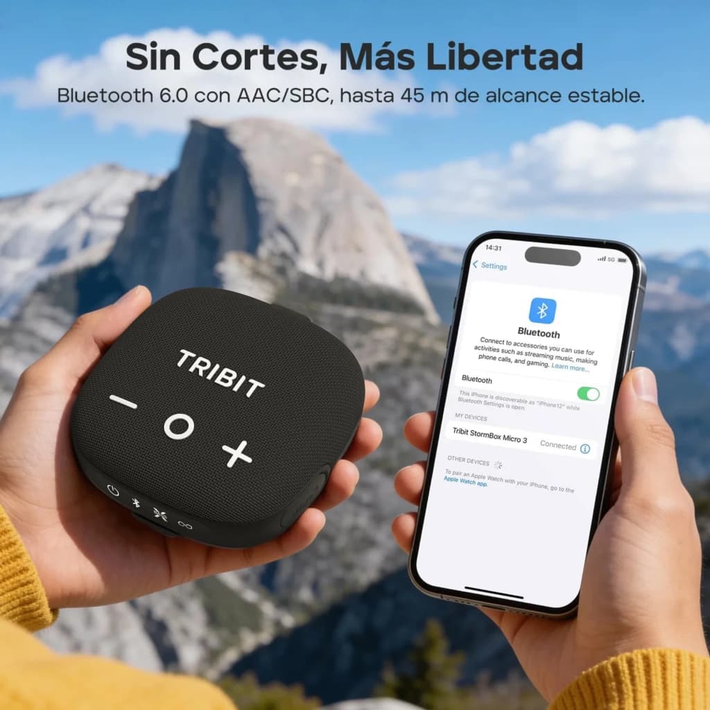 TRIBIT StormBox Micro 3 blanche, compacte avec grille tissu noir, boutons + et -, logo TRIBIT, connexion Bluetooth 6.0, format poche, sangle intégrée