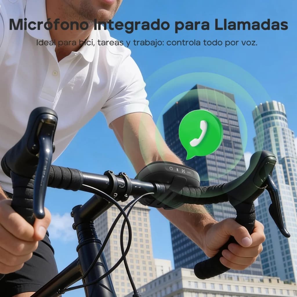 TRIBIT StormBox Micro 3 blanche fixée au guidon de vélo, format compact carré, tissu maillé, bouton central et icône appel vert indiquant micro intégré