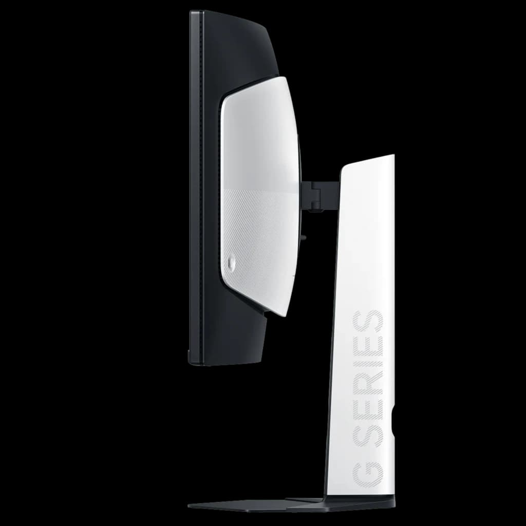 Perfil lateral del monitor curvo ultrawide 34 pulgadas, soporte blanco G Series, bisel delgado, curvatura 1500R, diseño moderno y base estable