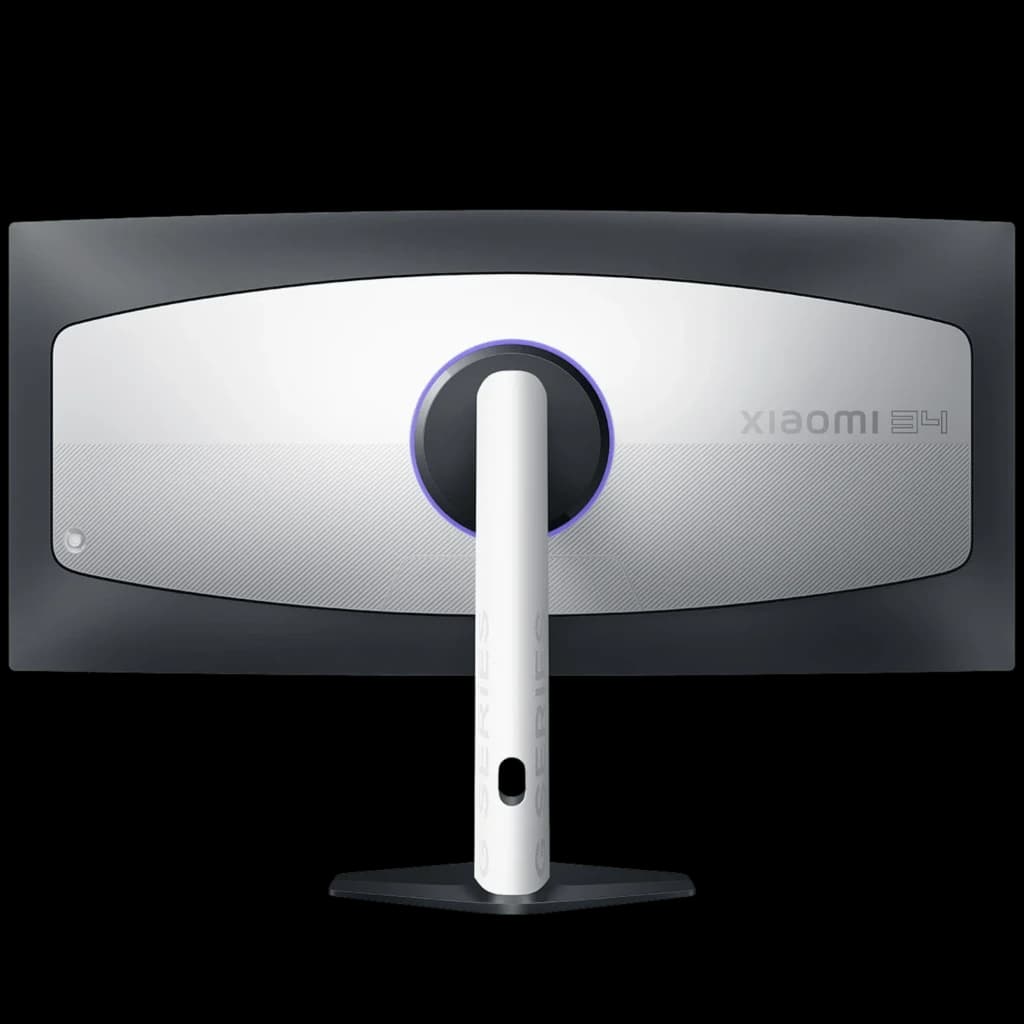 Monitor gaming ultrawide curvo 34 pulgadas con soporte central blanco, aro LED trasero, bisel delgado y diseño 1500R para inmersión y setup limpio