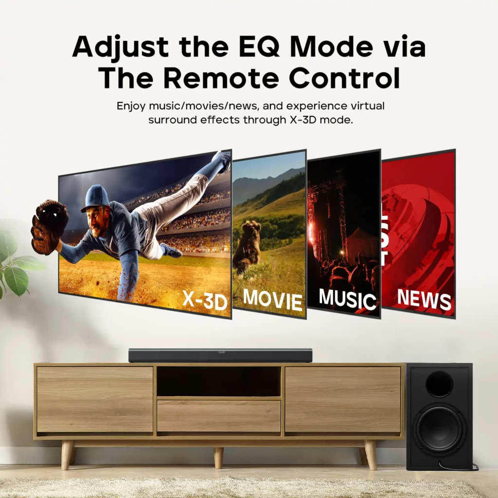 Tribit Soundbar 2.2 200 W com subwoofer preto, barra delgada frontal com grade metálica, display central discreto e controle remoto compacto - Item3