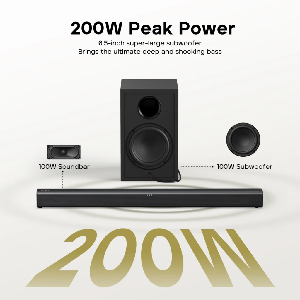 Tribit Soundbar 2.2 200 W com subwoofer preto, barra delgada frontal com grade metálica, display central discreto e controle remoto compacto - Item2