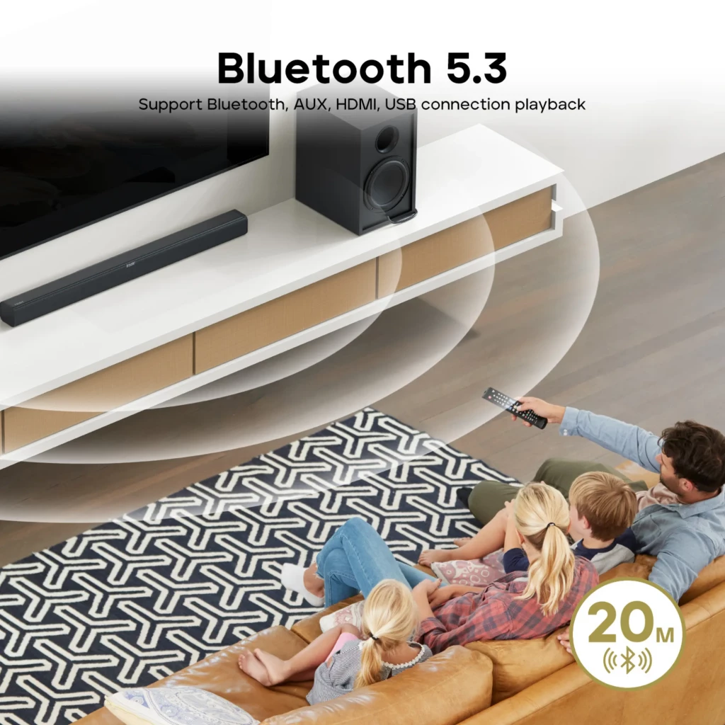 Tribit Soundbar 2.2 200 W com subwoofer preto, barra delgada frontal com grade metálica, display central discreto e controle remoto compacto - Item4