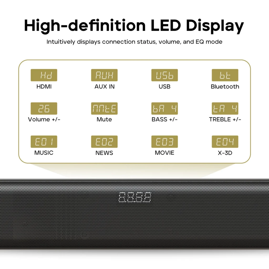 Tribit Soundbar 2.2 200 W com subwoofer preto, barra delgada frontal com grade metálica, display central discreto e controle remoto compacto - Item8