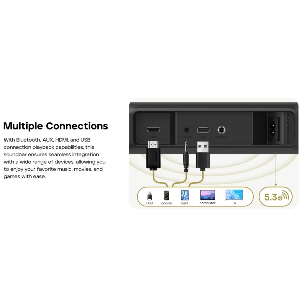 Tribit Soundbar 2.2 200 W com subwoofer preto, barra delgada frontal com grade metálica, display central discreto e controle remoto compacto - Item5