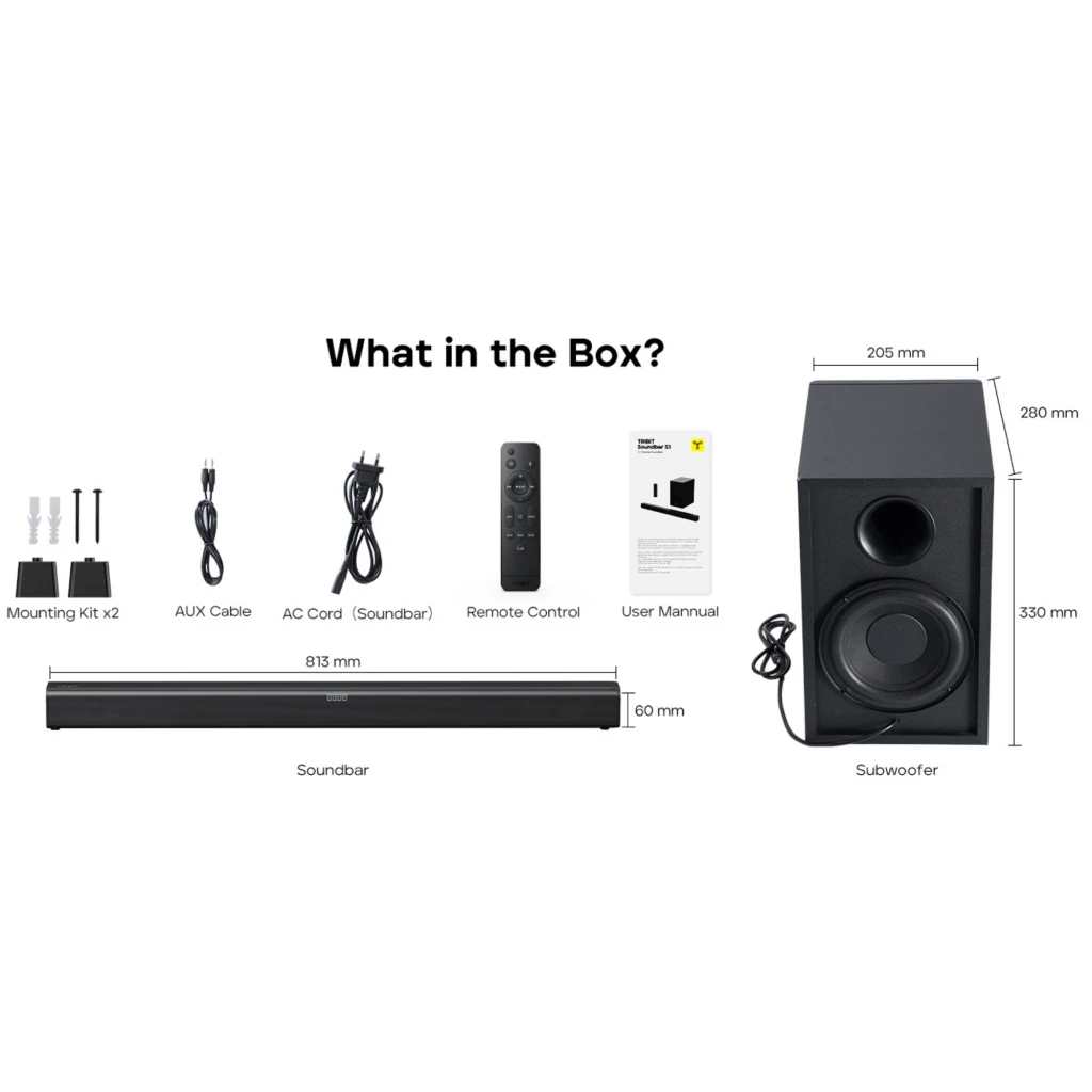 Tribit Soundbar 2.2 200 W com subwoofer preto, barra delgada frontal com grade metálica, display central discreto e controle remoto compacto - Item9
