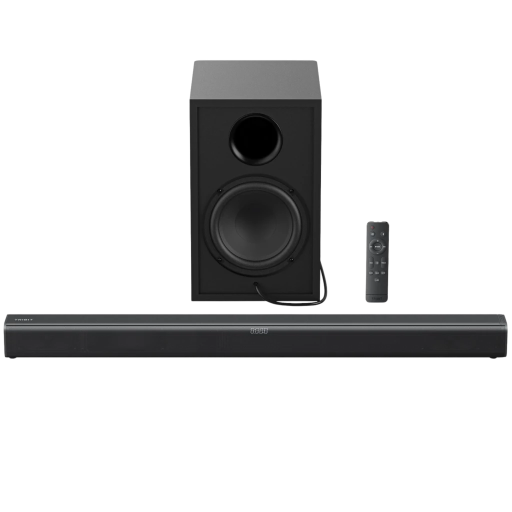 Tribit Soundbar 2.2 200 W com subwoofer preto, barra delgada frontal com grade metálica, display central discreto e controle remoto compacto - Item1