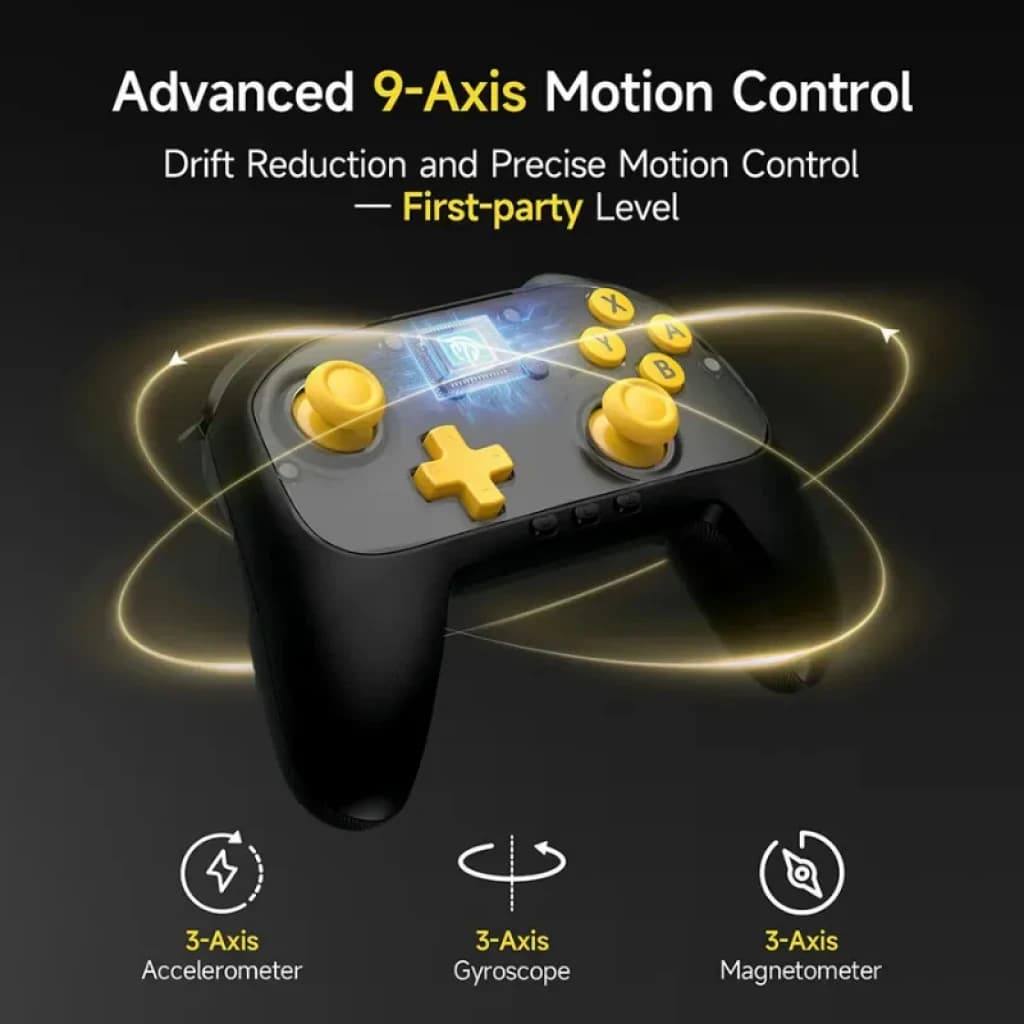EasySMX S10C Noir, manette sans fil avec sticks et boutons jaunes, croix directionnelle, voyant LED central et contrôle de mouvement à 9 axes pour PC et Switch