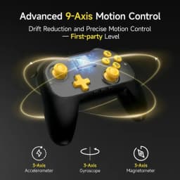 EasySMX S10C Noir, manette sans fil avec sticks et boutons jaunes, croix directionnelle, voyant LED central et contrôle de mouvement à 9 axes pour PC et Switch