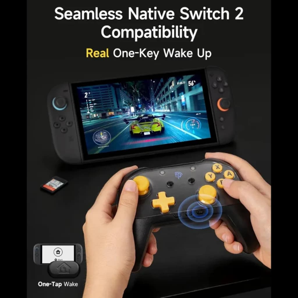 EasySMX S10C Noir, manette sans fil dotée de joysticks précis, d'un pavé directionnel et de boutons AXYB jaunes, d'une LED d'état et de poignées ergonomiques pour PC, Switch et mobile