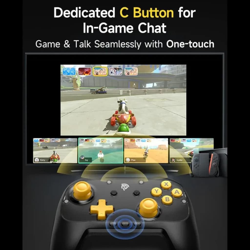 EasySMX S10C Noir manette noire avec boutons jaunes, joystick double, bouton C dédié au chat, compatible PC, Nintendo Switch et smartphone Android iOS