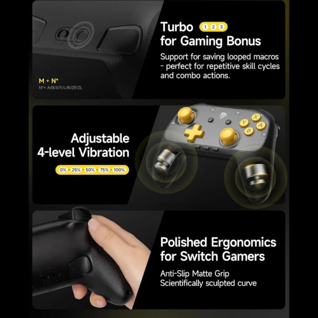 EasySMX S10C Noir avec sticks et boutons jaunes, double vibration réglable, gâchettes, surface antidérapante et ergonomie polie pour gamers Switch