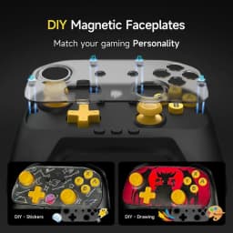 EasySMX S10C Noir avec faceplate magnétique transparente, sticks jaunes, boutons A B X Y, options DIY stickers et dessin pour personnaliser la manette